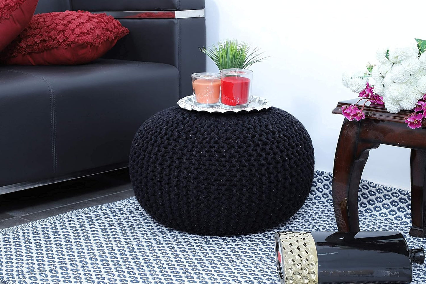 Round Pouf Ottoman Hand Knitted