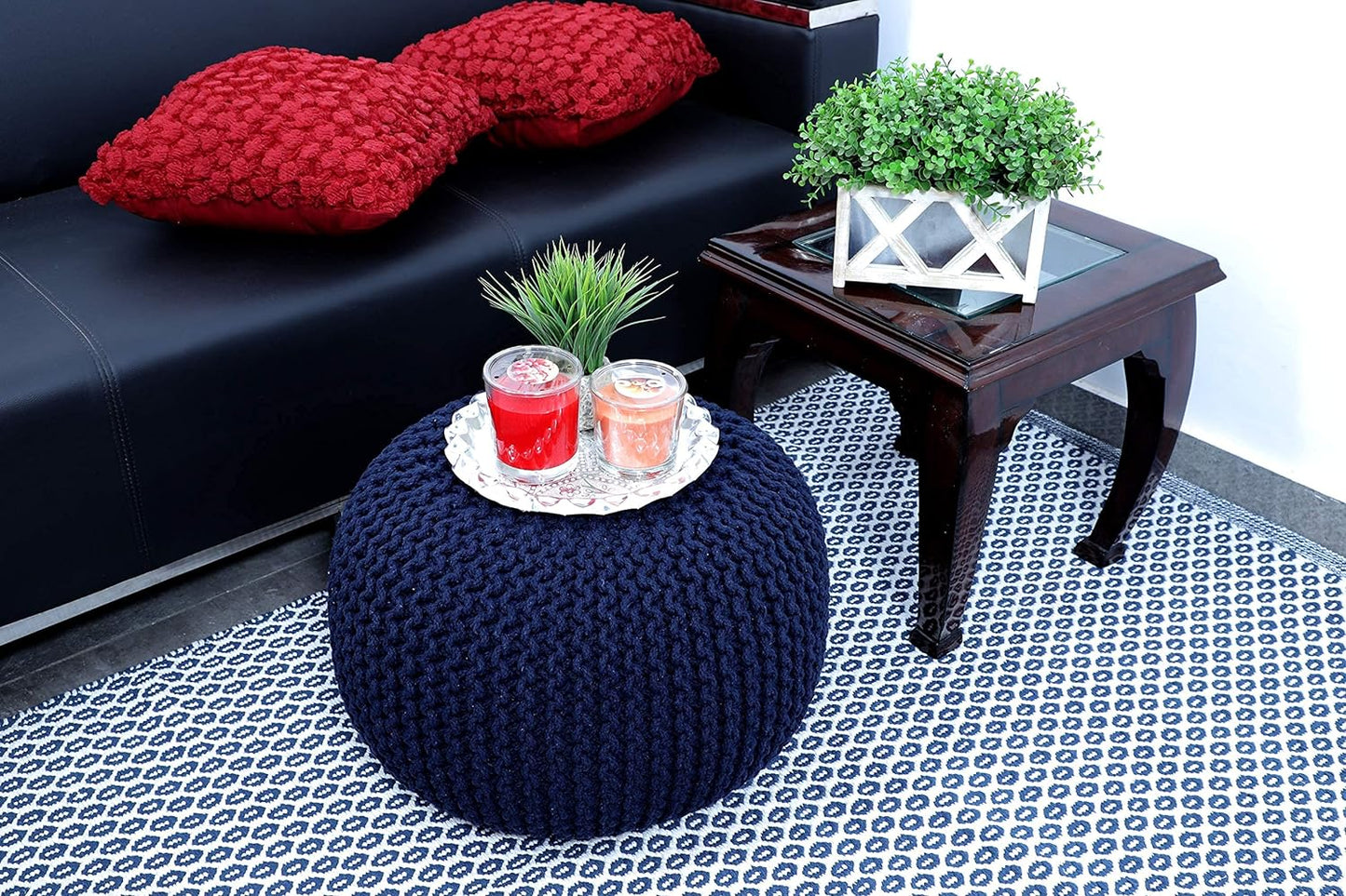 Round Pouf Ottoman Hand Knitted