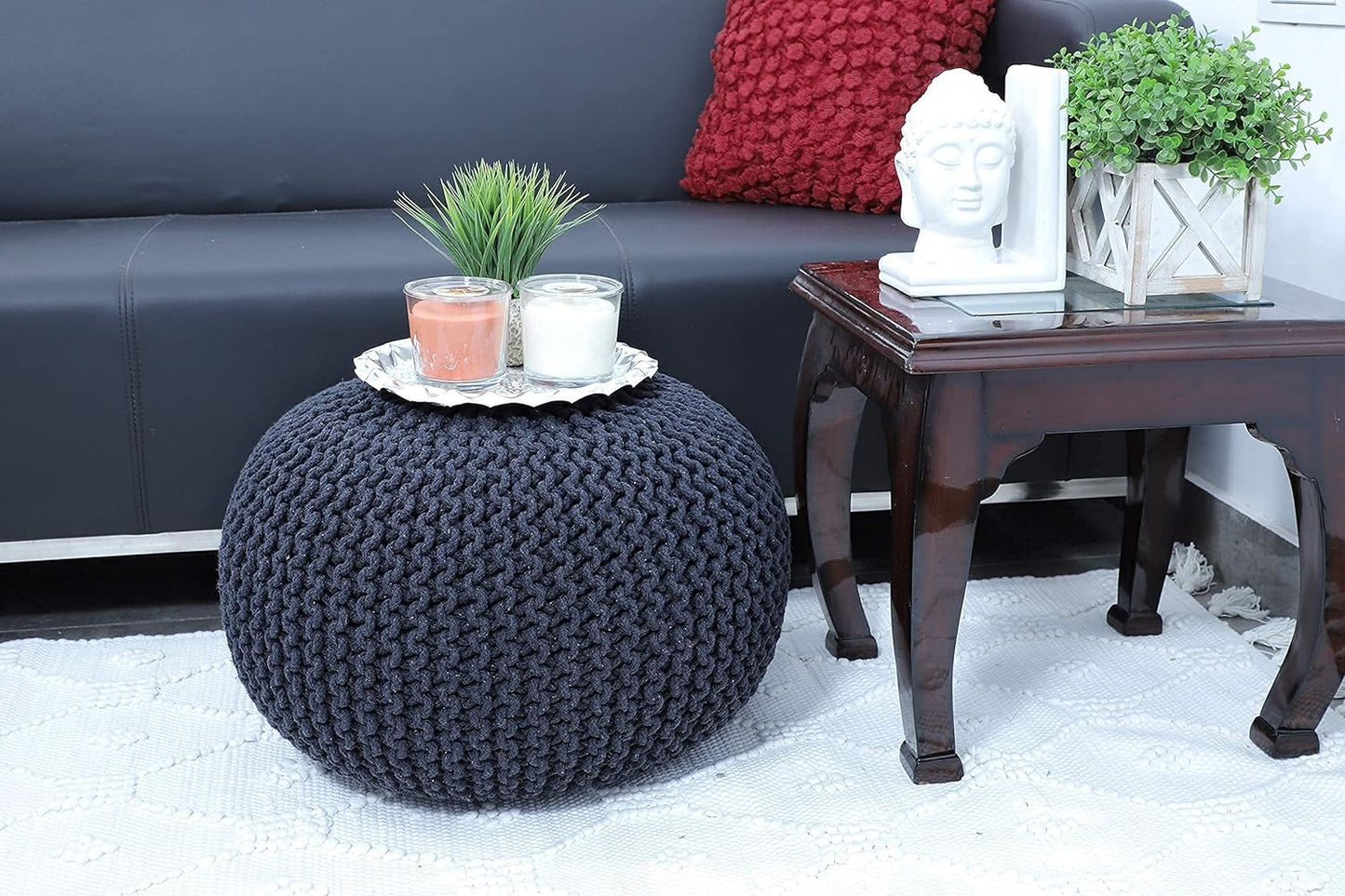 Round Pouf Ottoman Hand Knitted